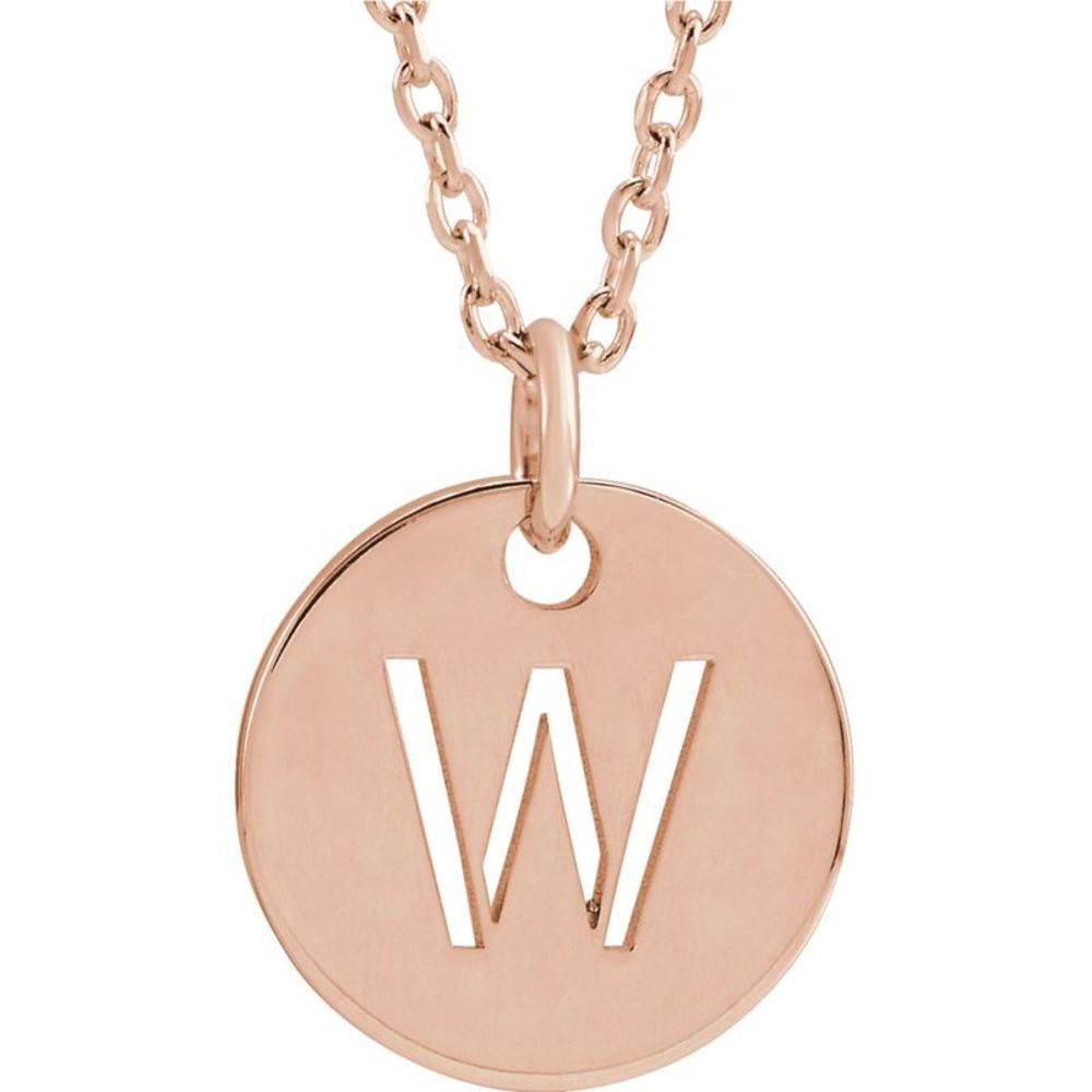 14k Rose Gold Initial W, Small 10mm Pierced Disc Necklace, 16-18 Inch